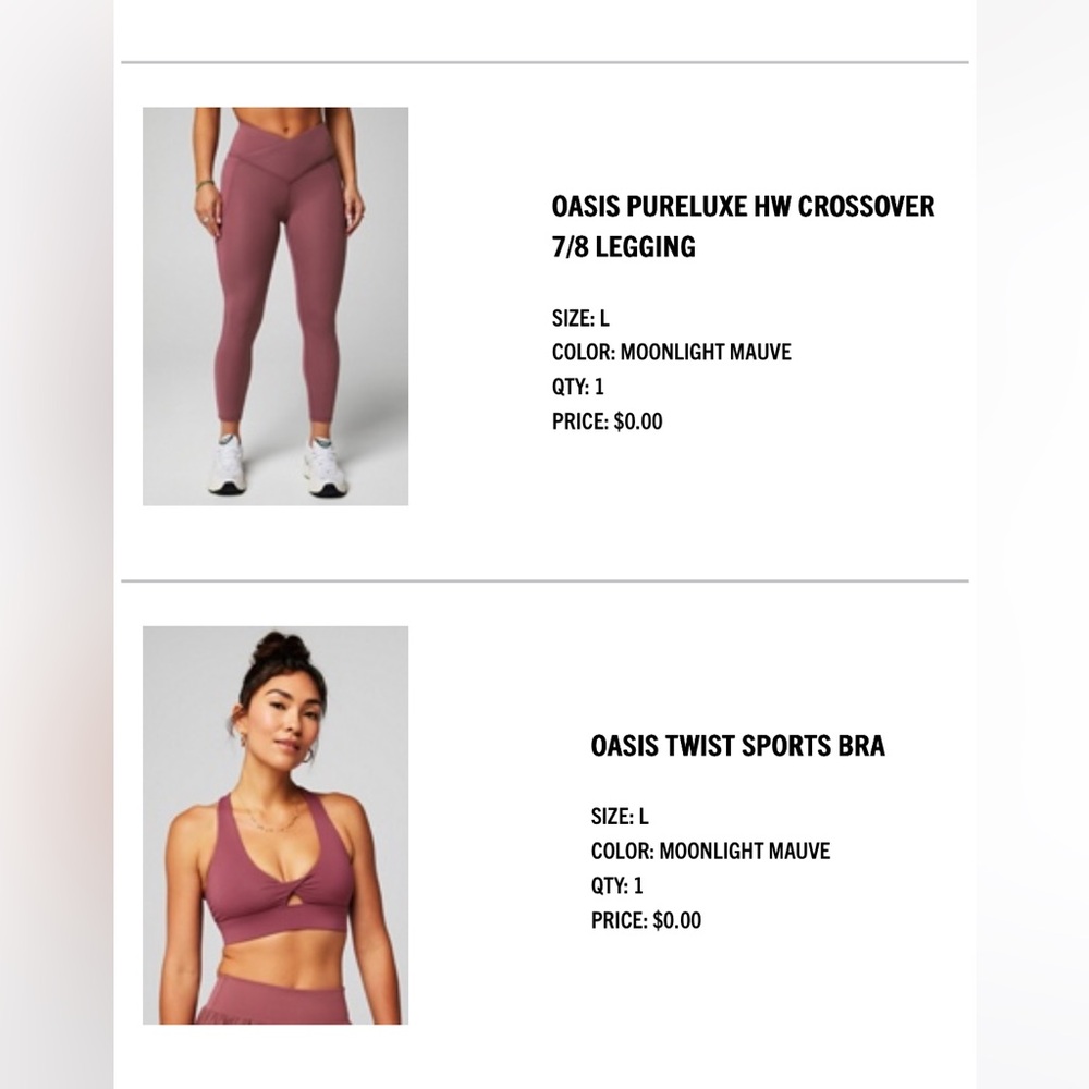 Fabletics Oasis Set ( Pureluxe leggings & Twist Sports Bra - Soft Purple)